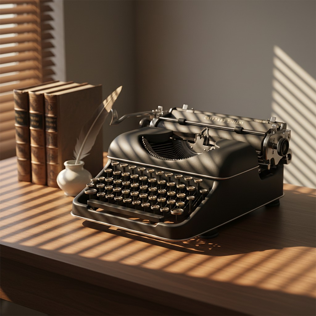 Vintage typewriter on a table, illuminated by sunlight through blinds.