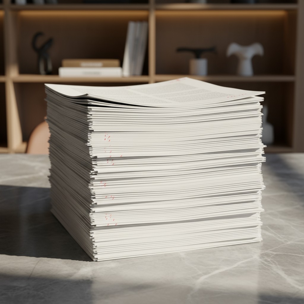 Stack of white papers with red writing, on a table in front of a bookshelf.