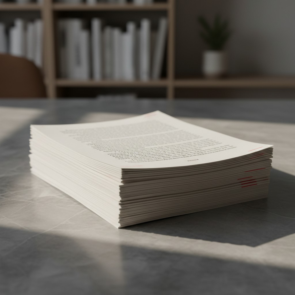 A stack of white papers with black text.