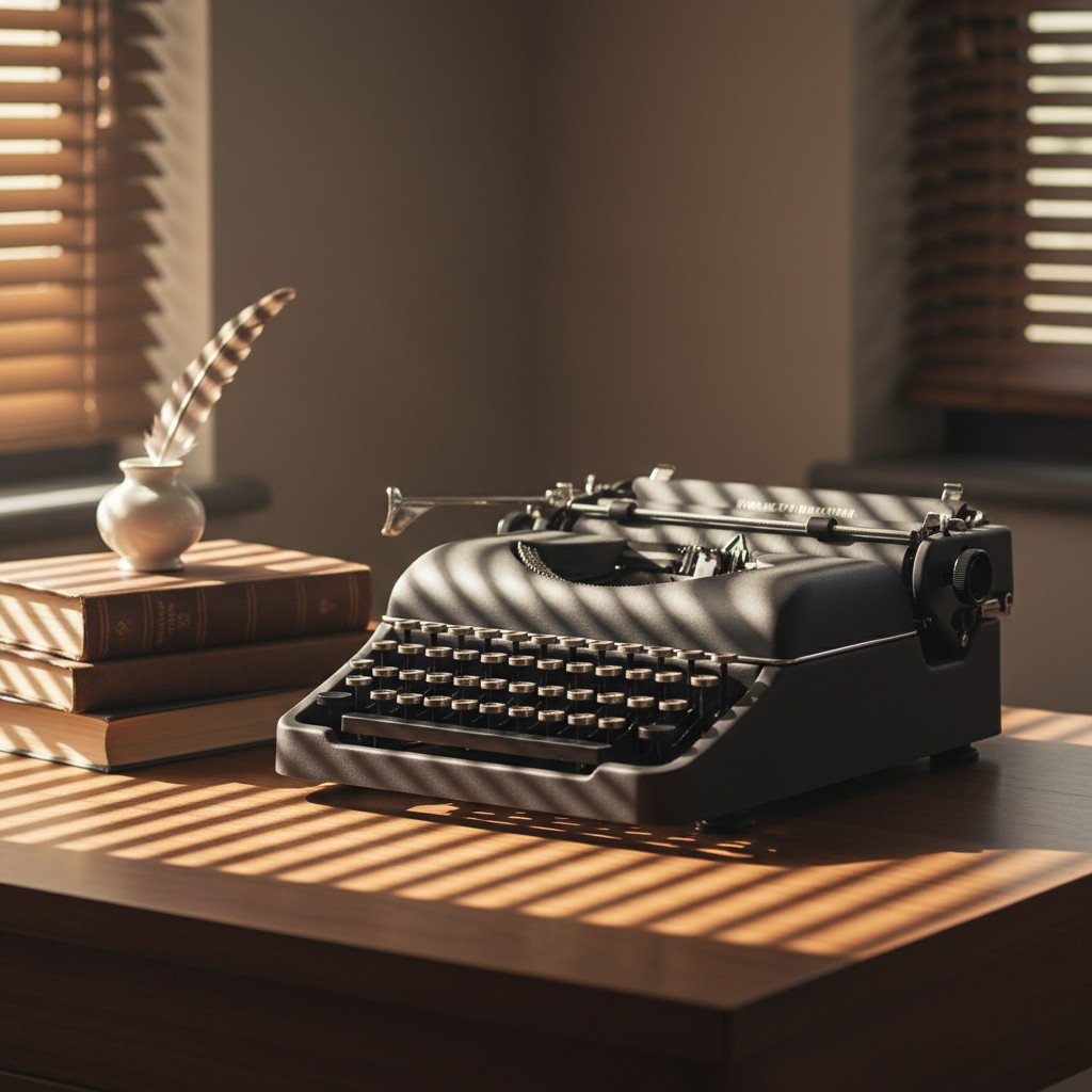 Old fashioned typewriter with hardbound books and feather pen close by, sunlight streaming through blinds.