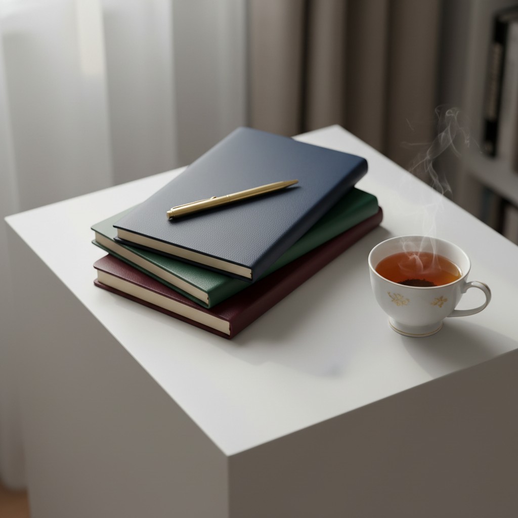 "Side-table coloured white featuring 3 leather-bound hardcover books and a gold pen and a teacup resting on it with a blur...